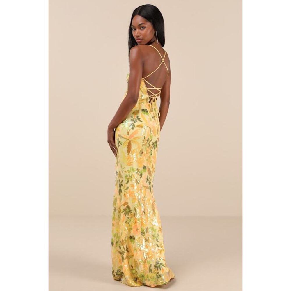 Lulus Glittering Icon Yellow Iridescent Sequin Lace-up Maxi Dress - Size S (NWT)